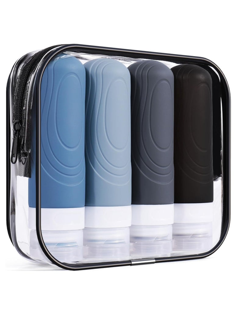 GLAMFIELDS Travel Bottles for Toiletries,TSA Approved 3oz size Leak Proof Silicone Containers for Shampoo, Conditioner,Easy to Squeeze and Portable, Essentials for Traveling (4 Pack) Black