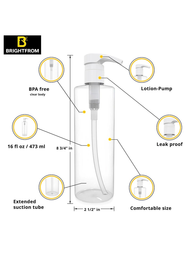 BRIGHTFROM Empty Lotion Pump Bottles 16 OZ, BPA-Free Refillable Containers, Plastic PET, Great for - Soap, Shampoo, Lotions, Liquid Body Soap, Creams and Massage Oil's, 2 Pack (White Pump)