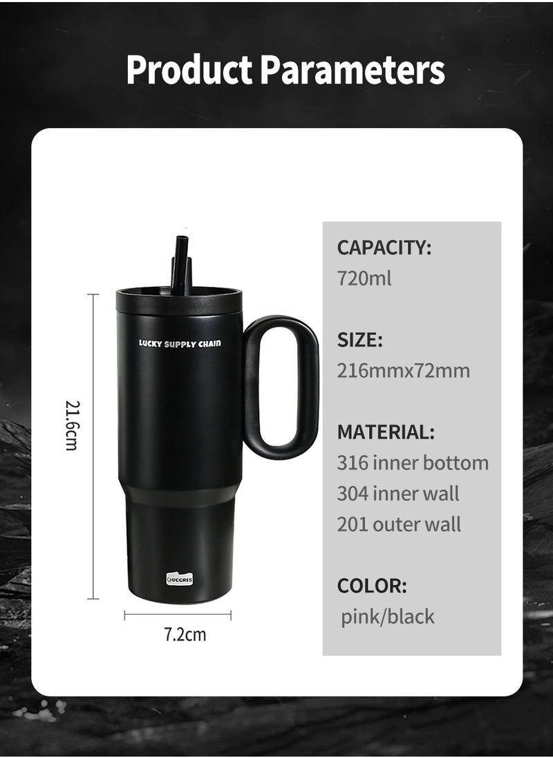Stainless Steel Vacuum Insulated Mug with Lid Straw and Tea Leak, Large Capacity, Suitable for Water, Iced Tea or Coffee, Green Tea, Smoothies, etc., Keeps Heat and Cold, Suitable for Business Travel, Car Driving, Home as well as Office Use (720ml)