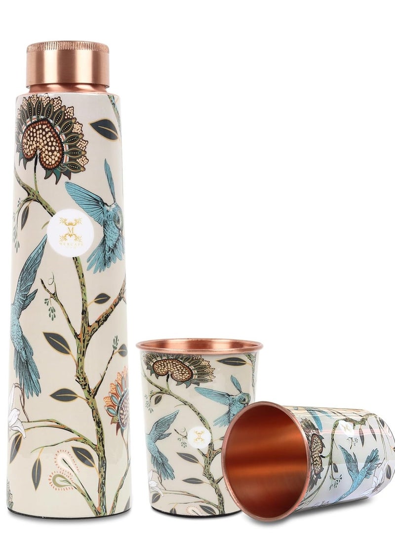 MERCAPE® Pure Copper Water Bottle 900 ml with Glass Set Best Tamba in Printed Design (900 ml 2x 300 ml)