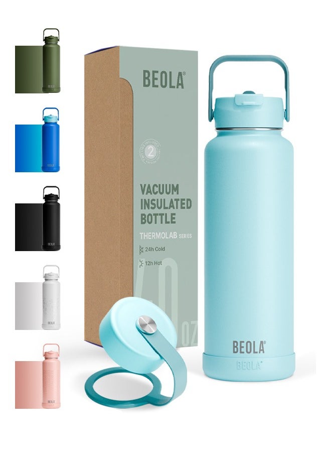 1200ml Water Bottle 18/8 Stainless Steel 304 Double Wall Insulated Thermos Bottle with a wide mouth, 2 lids included, Hot Cold Liquids Sports Bottle bella, 40oz Bottle (Sage Mist)