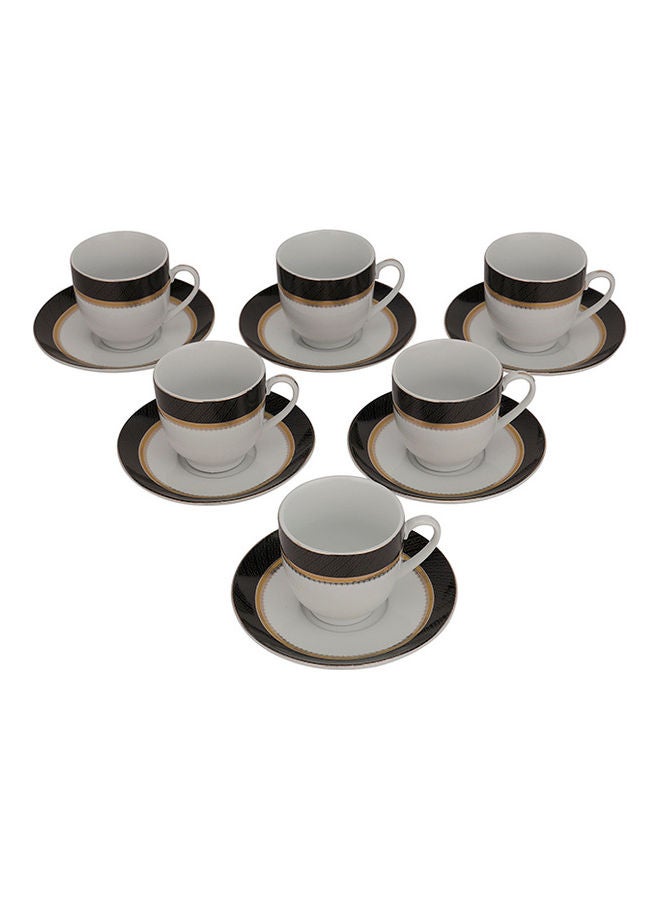 12-Piece Premium Porcelain Cup And Saucer Set White/Brown 180ml
