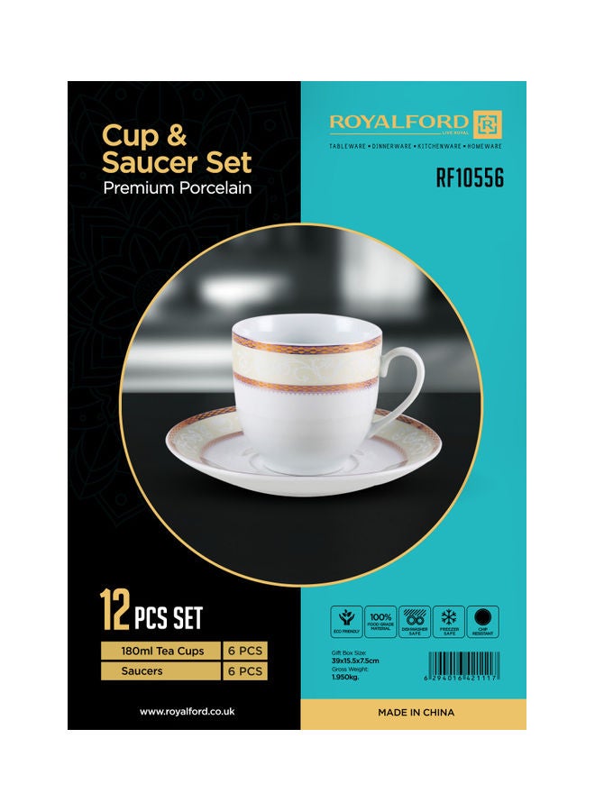 12-Piece Premium Porcelain Cup And Saucer Set White/Brown 180ml