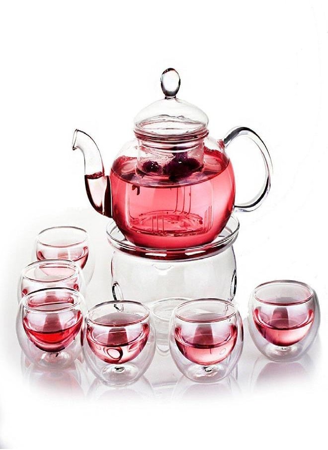 Jusalpha® 11 PC-Glass Filtering Tea Maker Teapot with a Warmer and 6 Tea Cups Set (Version 1, 27 OZ)
