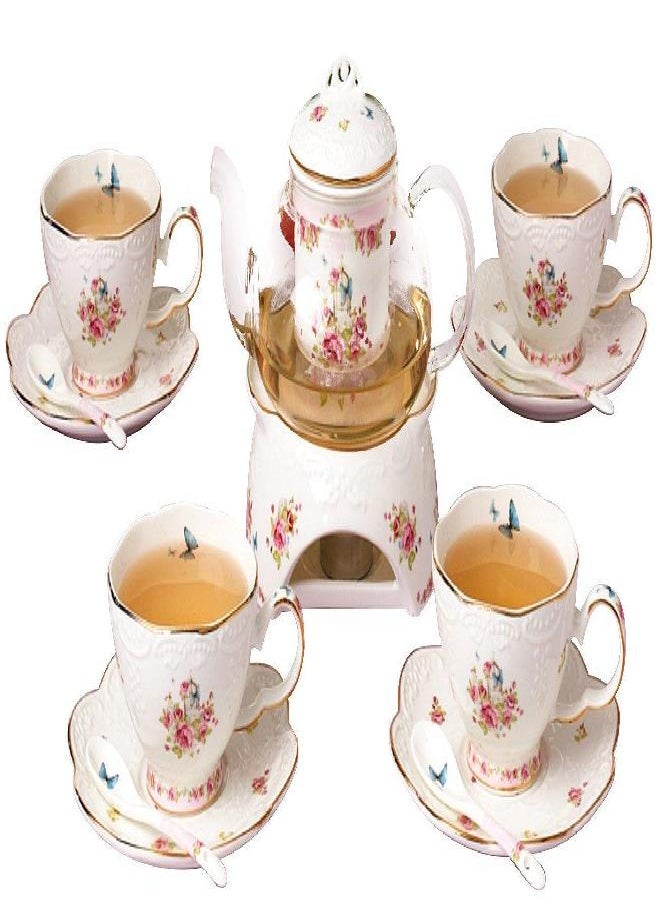 Jusalpha® Fine China Flower Series Tea Sets, Tea Cup Saucer Set with Teapot Warmer- Filter and Spoon, 16pcs in 1 set (16pcs set)