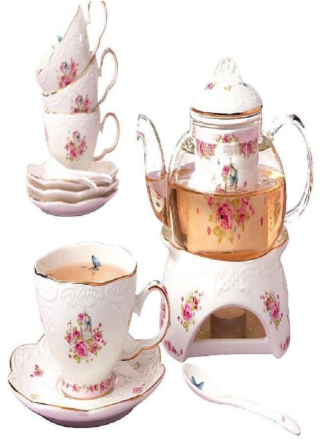 Jusalpha® Fine China Flower Series Tea Sets, Tea Cup Saucer Set with Teapot Warmer- Filter and Spoon, 16pcs in 1 set (16pcs set)
