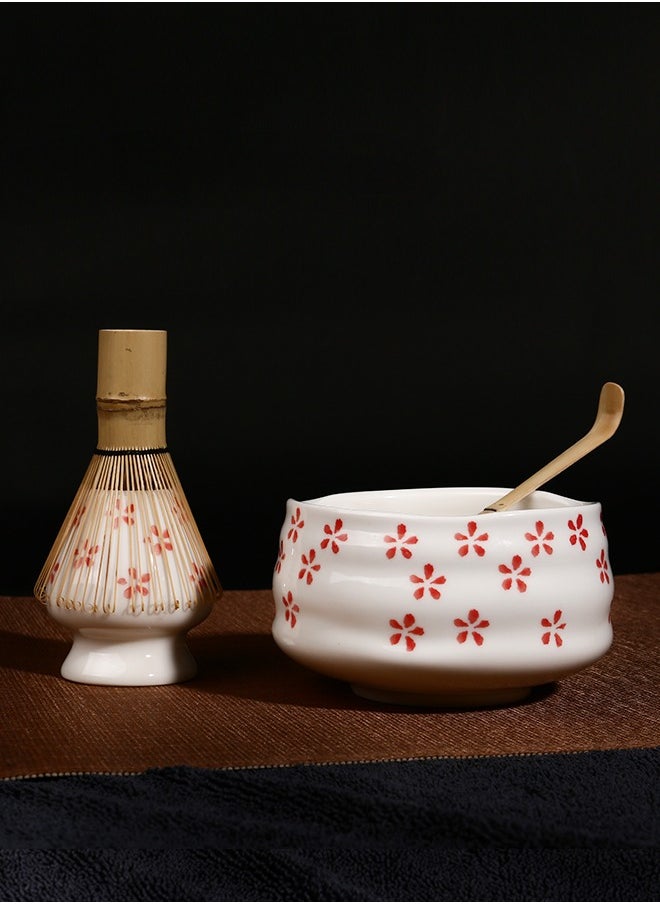 4-piece Japanese Matcha Set, Ceramic Matcha Bowl+Whisk Holder+Bamboo Whisk+Spoon,for Traditional Tea Ceremony-Coarse Ceramic Perfect Handmade Matcha Kit to Prepare Traditional Matcha Tea, 100% Natural Matcha Gift Kit (White and pink)（Cherry Blossom Pattern）