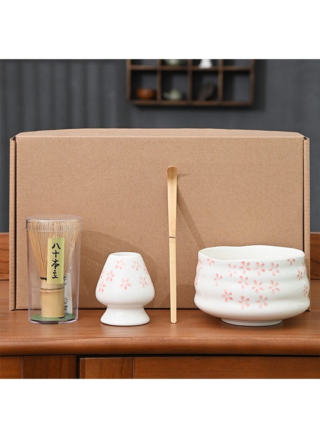 4-piece Japanese Matcha Set, Ceramic Matcha Bowl+Whisk Holder+Bamboo Whisk+Spoon,for Traditional Tea Ceremony-Coarse Ceramic Perfect Handmade Matcha Kit to Prepare Traditional Matcha Tea, 100% Natural Matcha Gift Kit (White and pink)（Cherry Blossom Pattern）