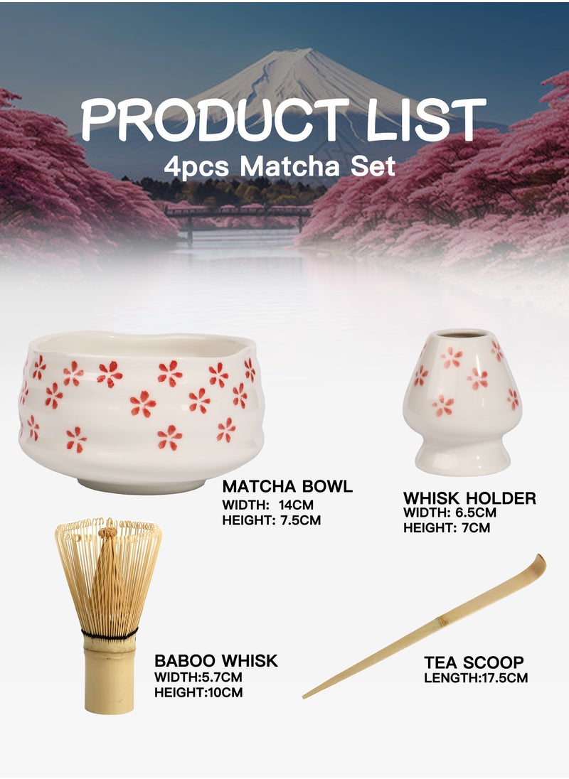 4-piece Japanese Matcha Set, Ceramic Matcha Bowl+Whisk Holder+Bamboo Whisk+Spoon,for Traditional Tea Ceremony-Coarse Ceramic Perfect Handmade Matcha Kit to Prepare Traditional Matcha Tea, 100% Natural Matcha Gift Kit (White and pink)（Cherry Blossom Pattern）