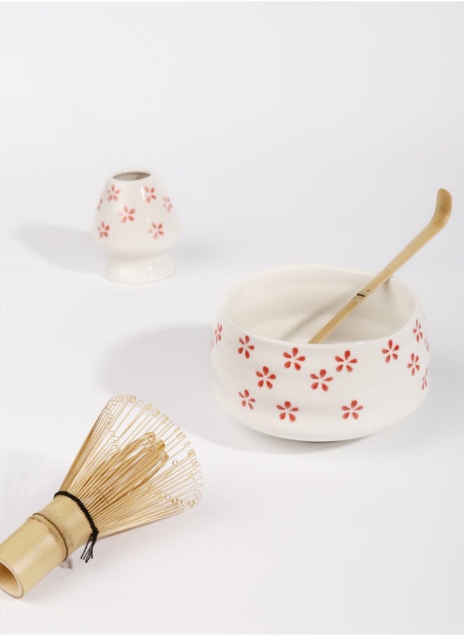 4-piece Japanese Matcha Set, Ceramic Matcha Bowl+Whisk Holder+Bamboo Whisk+Spoon,for Traditional Tea Ceremony-Coarse Ceramic Perfect Handmade Matcha Kit to Prepare Traditional Matcha Tea, 100% Natural Matcha Gift Kit (White and pink)（Cherry Blossom Pattern）