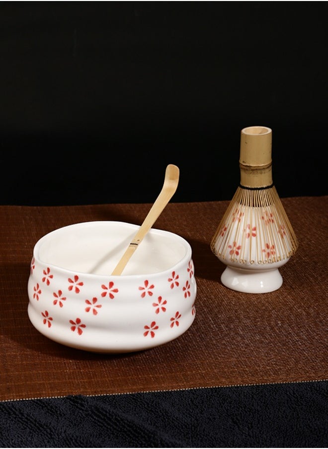 4-piece Japanese Matcha Set, Ceramic Matcha Bowl+Whisk Holder+Bamboo Whisk+Spoon,for Traditional Tea Ceremony-Coarse Ceramic Perfect Handmade Matcha Kit to Prepare Traditional Matcha Tea, 100% Natural Matcha Gift Kit (White and pink)（Cherry Blossom Pattern）