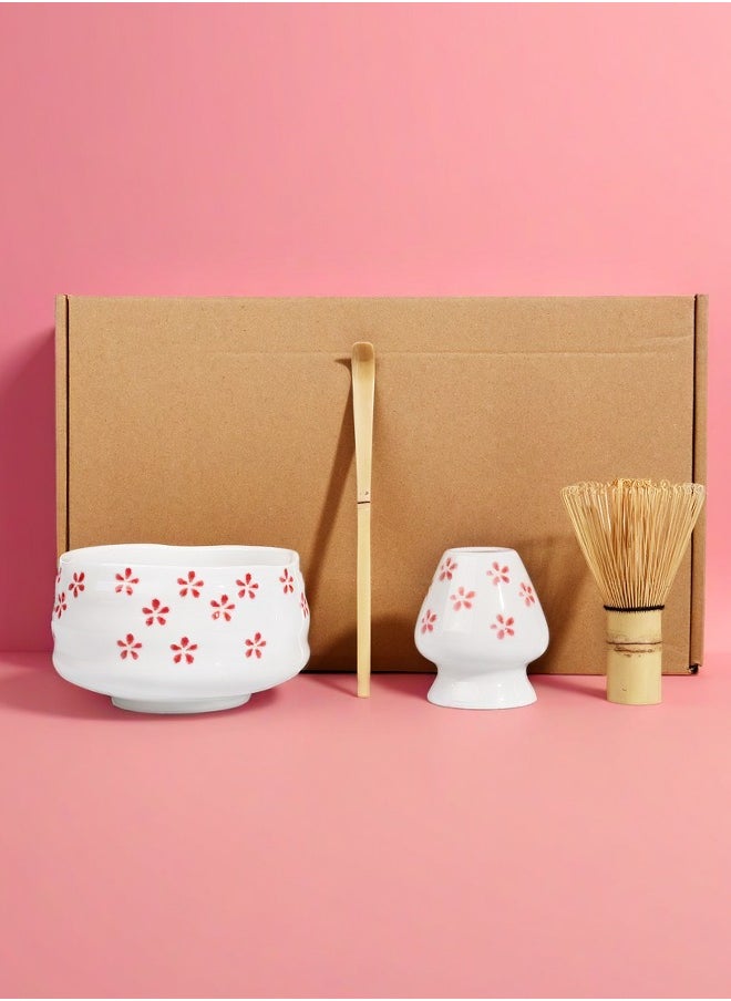 4-piece Japanese Matcha Set, Ceramic Matcha Bowl+Whisk Holder+Bamboo Whisk+Spoon,for Traditional Tea Ceremony-Coarse Ceramic Perfect Handmade Matcha Kit to Prepare Traditional Matcha Tea, 100% Natural Matcha Gift Kit (White and pink)（Cherry Blossom Pattern）
