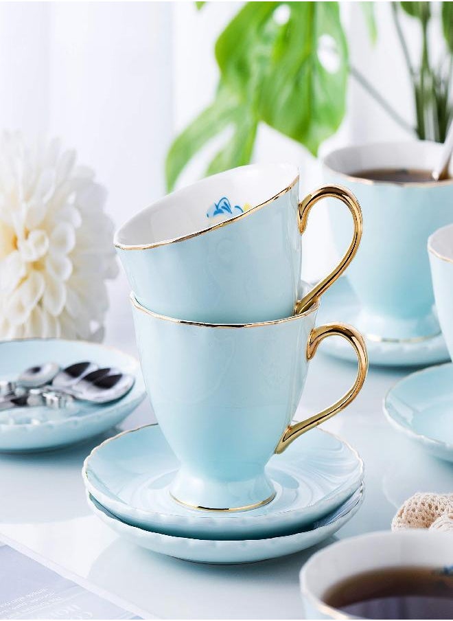 Jusalpha® Fine China Tea Cup and Saucer Coffee Cup Set with Saucer and Spoon Set of 6 (FD-TCS02 blue (6), 7oz)