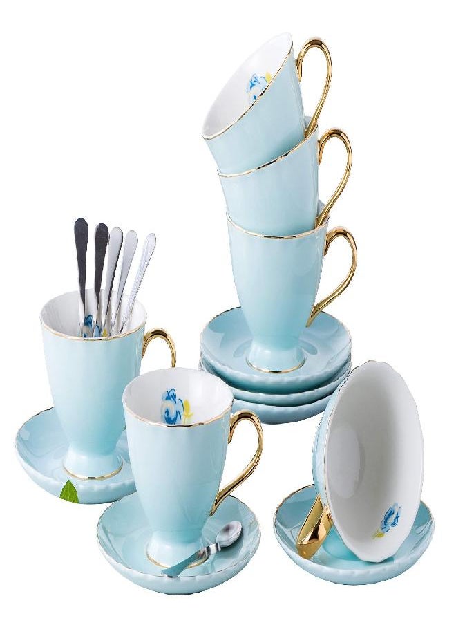 Jusalpha® Fine China Tea Cup and Saucer Coffee Cup Set with Saucer and Spoon Set of 6 (FD-TCS02 blue (6), 7oz)