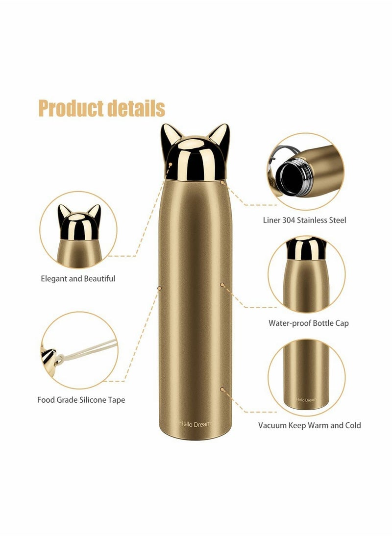 Cute Cat Water Bottle, Stainless Steel Insulated Water Bottles Thermos Vacuum Travel Coffee Mug for Kids Girls Women Leak-proof Cat Insulated Water Bottle, 320 ml/10.8 oz, Gold