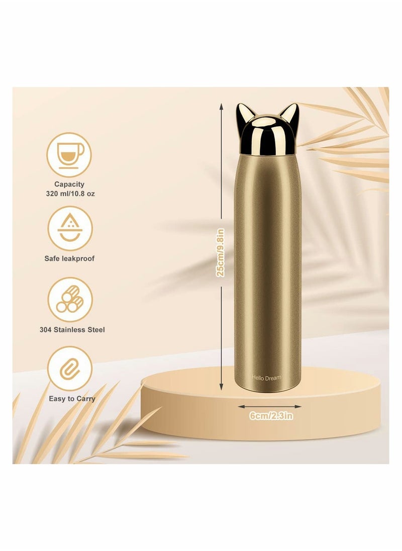 Cute Cat Water Bottle, Stainless Steel Insulated Water Bottles Thermos Vacuum Travel Coffee Mug for Kids Girls Women Leak-proof Cat Insulated Water Bottle, 320 ml/10.8 oz, Gold