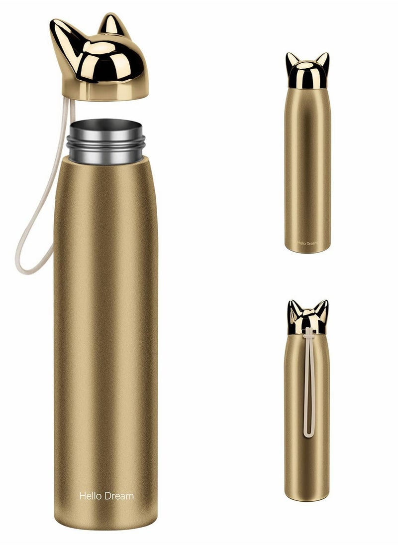 Cute Cat Water Bottle, Stainless Steel Insulated Water Bottles Thermos Vacuum Travel Coffee Mug for Kids Girls Women Leak-proof Cat Insulated Water Bottle, 320 ml/10.8 oz, Gold