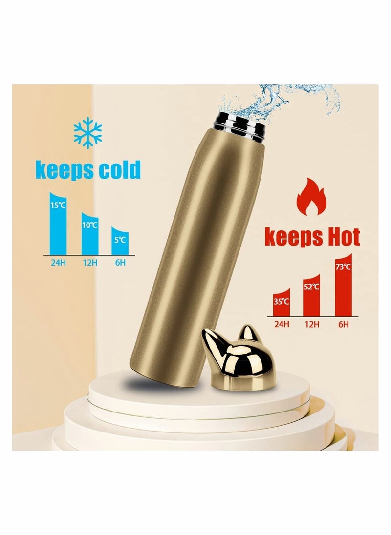 Cute Cat Water Bottle, Stainless Steel Insulated Water Bottles Thermos Vacuum Travel Coffee Mug for Kids Girls Women Leak-proof Cat Insulated Water Bottle, 320 ml/10.8 oz, Gold