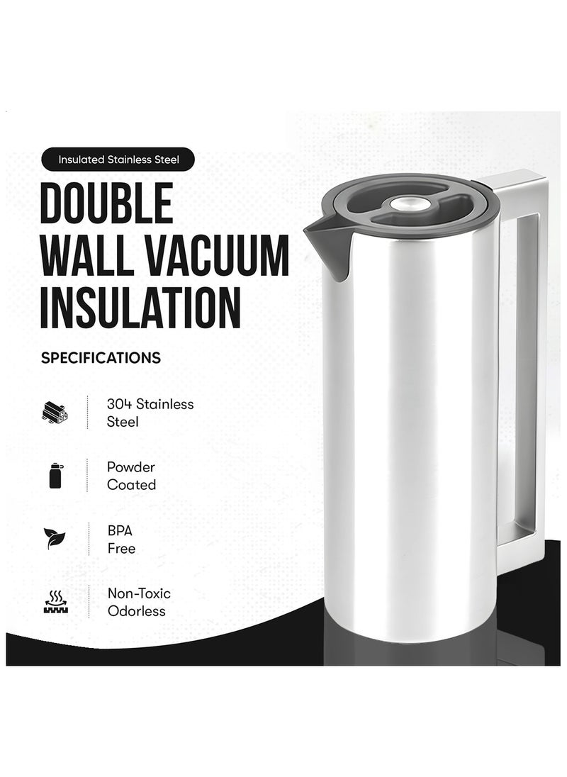 Premium Stainless Steel Vacuum Insulated Flask Lock-Unlock Lid & Steel Handle Leakproof Includes Info Booklet 1.0L