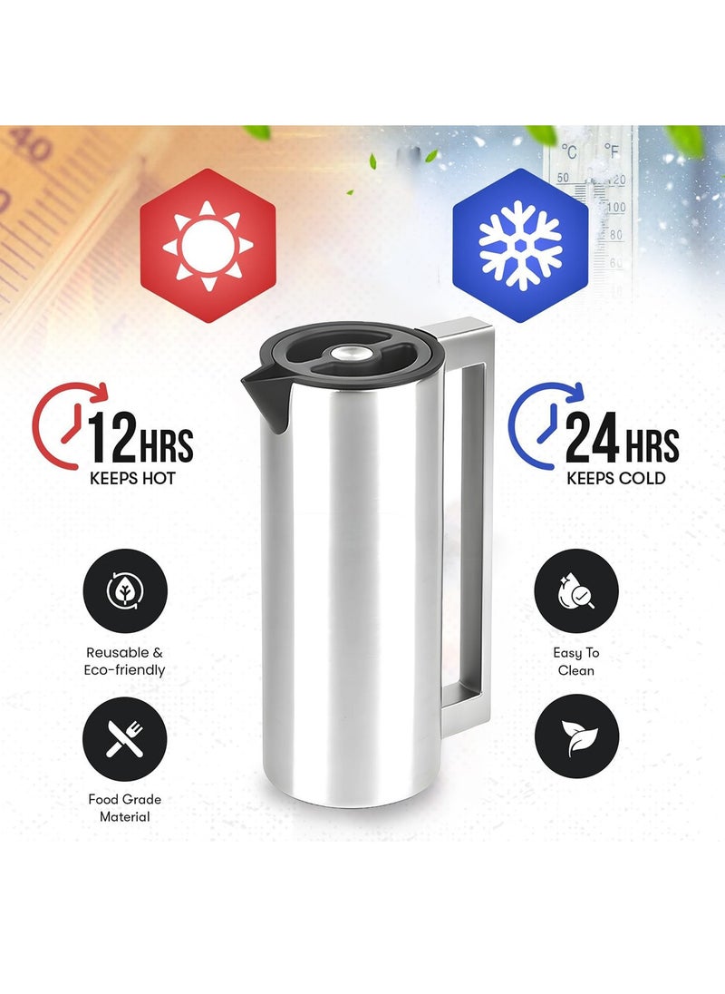 Premium Stainless Steel Vacuum Insulated Flask Lock-Unlock Lid & Steel Handle Leakproof Includes Info Booklet 1.5L