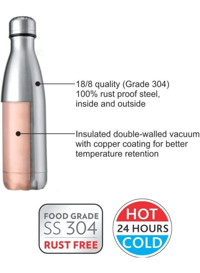 Borosil Vacuum Insulated Copper Coated Inner Bolt Water Bottle, Sports Bottle, Yoga Bottle, Outdoor, Portableleak Proof, Reusable Water Bottle Stainless Steel, 1000 Ml Silver Silver