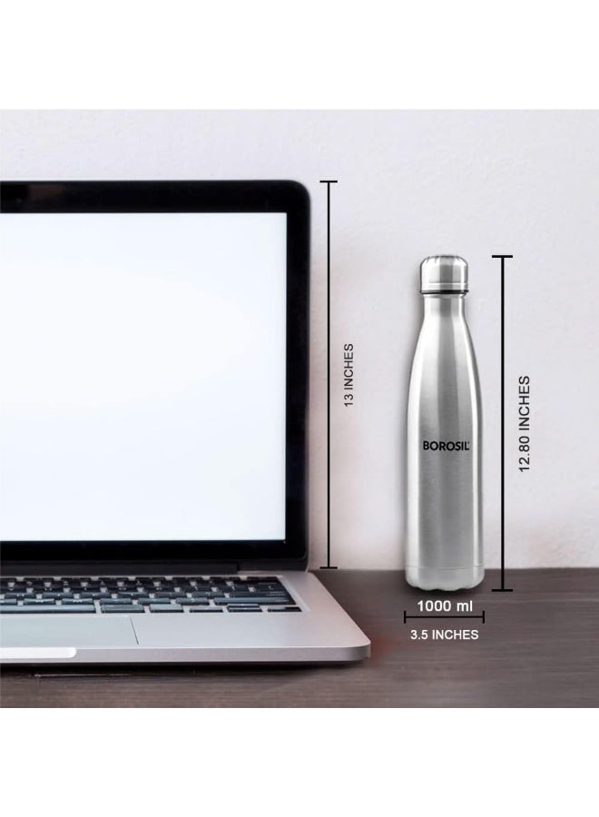Borosil Vacuum Insulated Copper Coated Inner Bolt Water Bottle, Sports Bottle, Yoga Bottle, Outdoor, Portableleak Proof, Reusable Water Bottle Stainless Steel, 1000 Ml Silver Silver