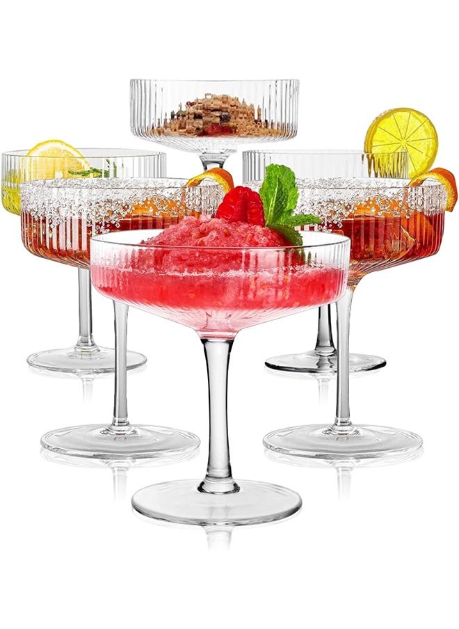 Ribbed Coupe Glasses, 6 Pcs 10 oz Vintage Cocktail Coupe Glasses Set, Unique Martini Glass, Classic Cocktail Galssware, Bar Drinking Glasses Set Pefect for Cocktail, Wine, Champagne & Gift