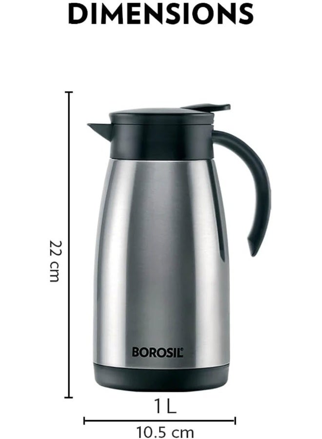 Borosil Vacuum Insulated Stainless Steel Teapot | Tea Pot | Thermal Flask | Thermos | Carafe | Jug | Coffee Pot | For Water, Coffee, Tea | 1 Liter Silver