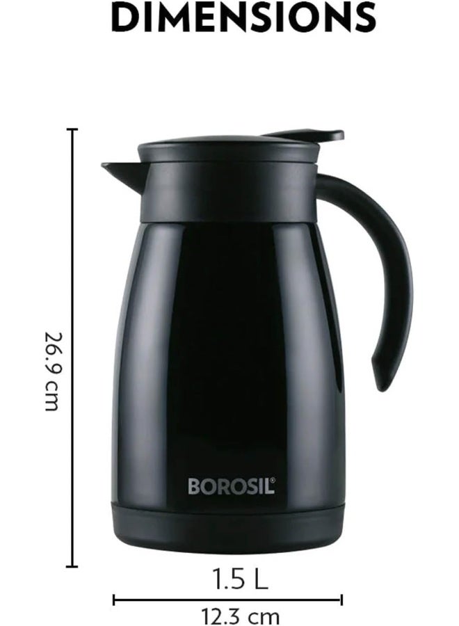 Borosil Vacuum Insulated Stainless Steel Teapot | Tea Pot | Thermal Flask | Thermos | Carafe | Jug | Coffee Pot | For Water, Coffee, Tea | 1.5 Liter Black