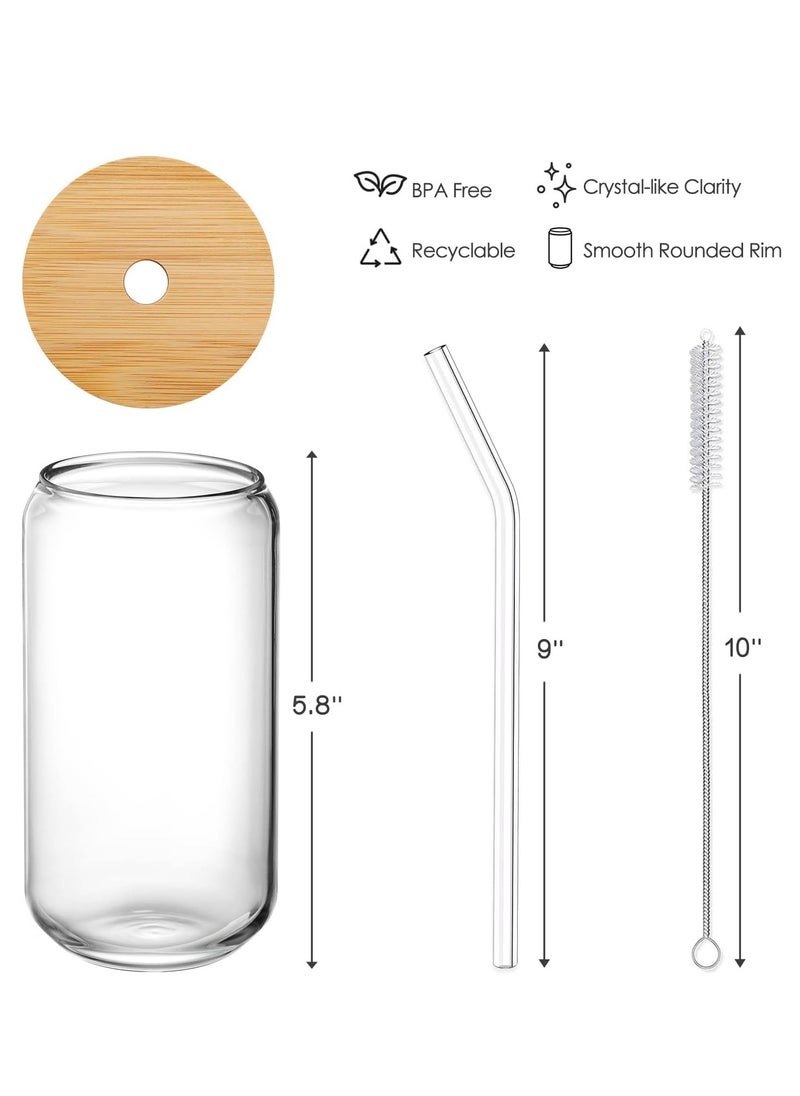 Glasses with Bamboo Lids and Glass Straw 4pcs Set - 16oz Can Shaped Glass Cups, Mocktail Glasses, Iced Coffee Glasses, Cute Tumbler Cup, Ideal for Cocktail,Gift - 2 Cleaning Brushes