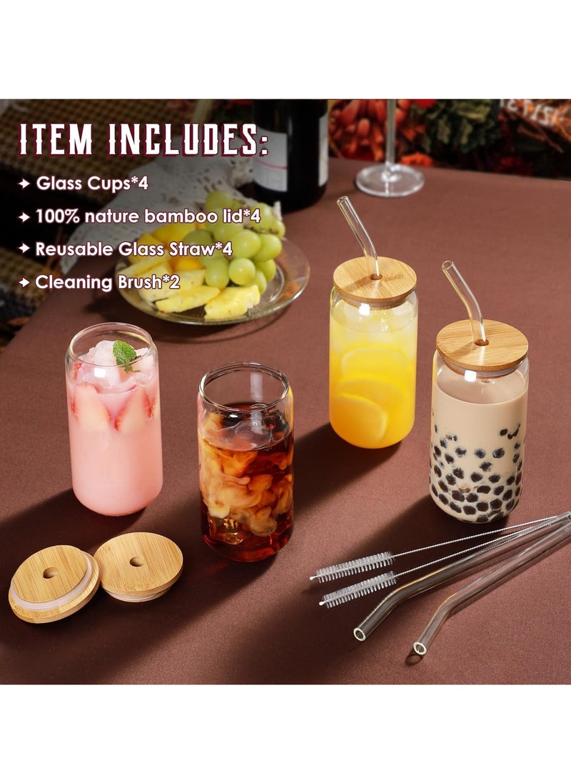 Glasses with Bamboo Lids and Glass Straw 4pcs Set - 16oz Can Shaped Glass Cups, Mocktail Glasses, Iced Coffee Glasses, Cute Tumbler Cup, Ideal for Cocktail,Gift - 2 Cleaning Brushes