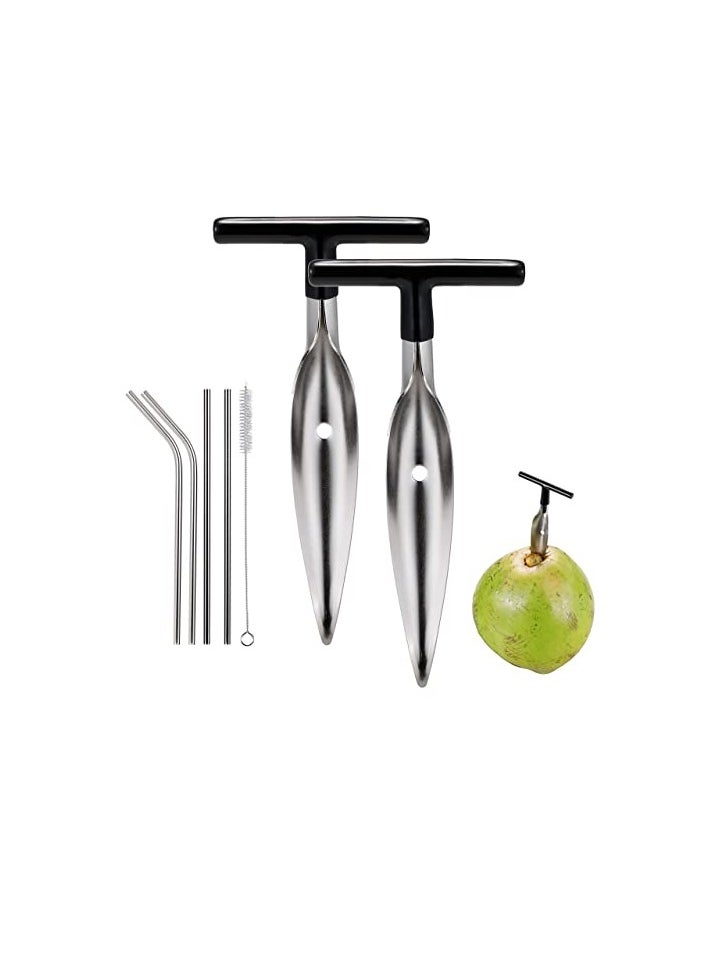 2 PCS Coconut Opener Tool Set with 4 Reusable Straws & Brush, Food Grade Stainless Steel Coco Nut Bottle Opener for Young Thai Green Fresh Coconut Water, Safe and Easy Convenient Coco Drill Punch