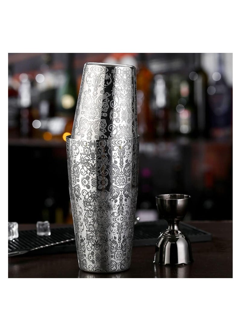 Stainless Steel Boston Cocktail Shaker Set, 2-Piece Unweighted Tins (18oz & 28oz) with Etched Royal Pattern, Professional Martini Mixer for Bartenders