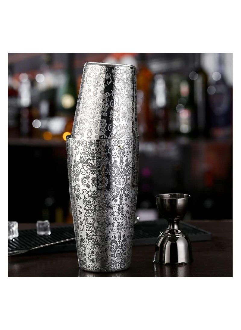 Cocktail Shaker, Stainless Steel Boston Shaker Tin, with Etched Pattern, 2 PCSUnweighted Cocktail Shaker 18oz & 28oz, Martini Shaker, Drink Mixer, Professional Bartender Kits (Royal Pattern)