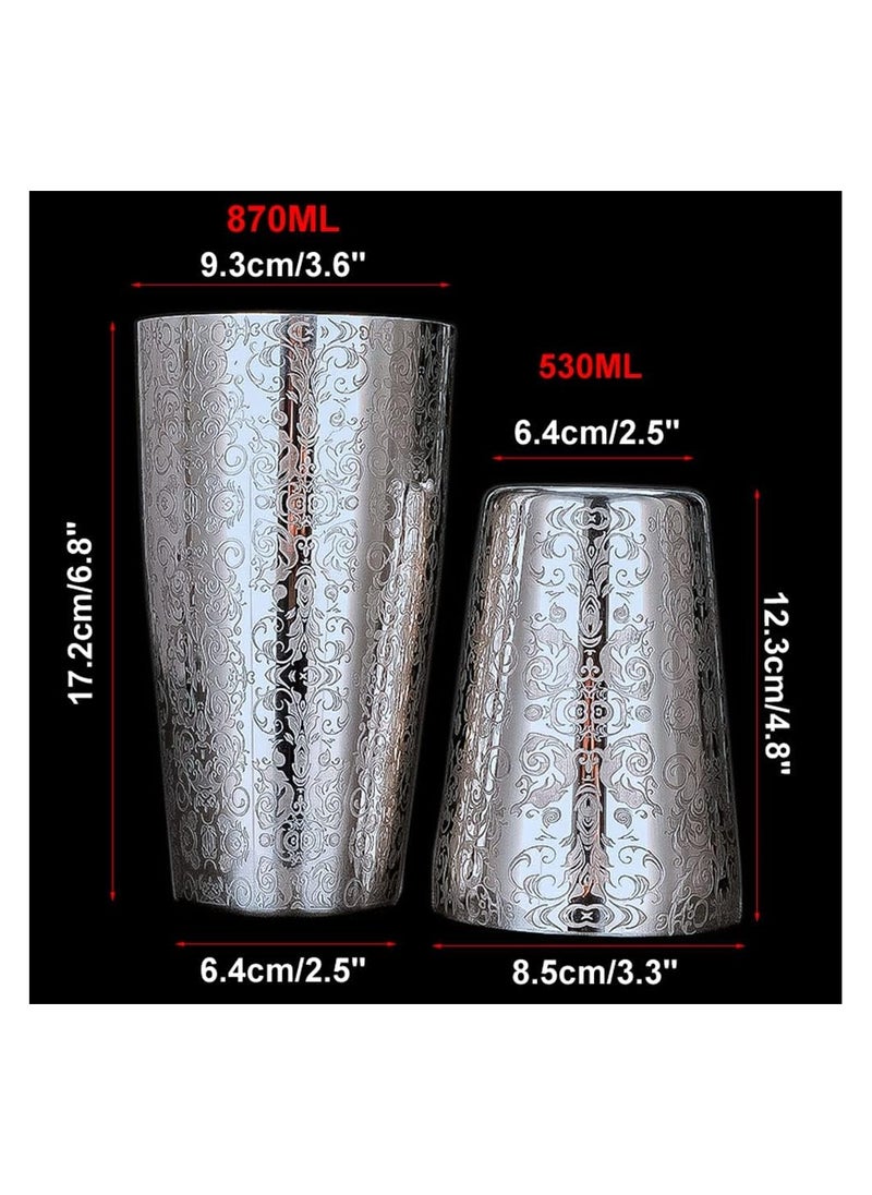 Cocktail Shaker, Stainless Steel Boston Shaker Tin, with Etched Pattern, 2 PCSUnweighted Cocktail Shaker 18oz & 28oz, Martini Shaker, Drink Mixer, Professional Bartender Kits (Royal Pattern)