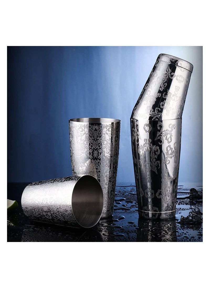 Cocktail Shaker, Stainless Steel Boston Shaker Tin, with Etched Pattern, 2 PCSUnweighted Cocktail Shaker 18oz & 28oz, Martini Shaker, Drink Mixer, Professional Bartender Kits (Royal Pattern)