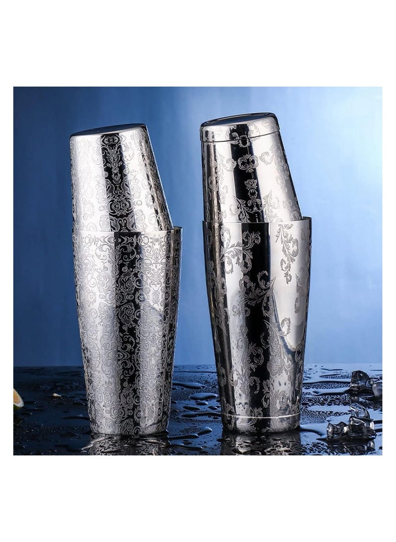 Cocktail Shaker, Stainless Steel Boston Shaker Tin, with Etched Pattern, 2 PCSUnweighted Cocktail Shaker 18oz & 28oz, Martini Shaker, Drink Mixer, Professional Bartender Kits (Royal Pattern)
