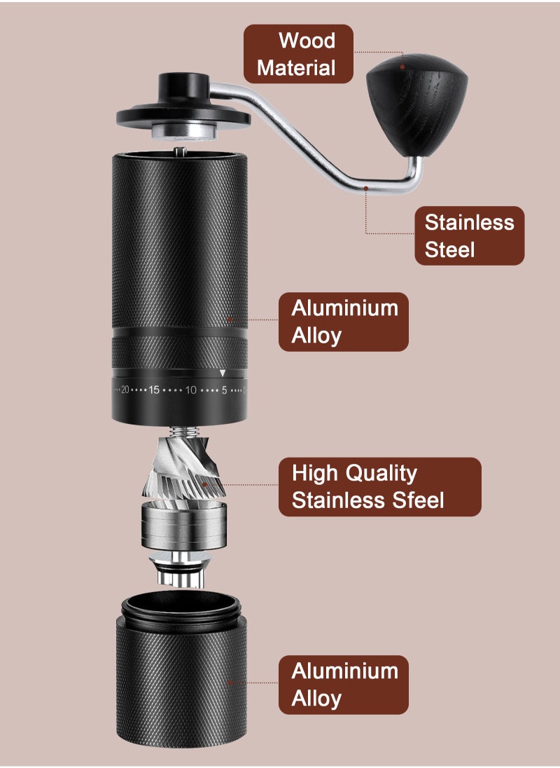 Manual Coffee Grinder with 7 Star Stainless Steel Burr, Hand Coffee Grinder for French Press, Mocha, Espresso, External Adjustable Design, Three Bearing Positioning, Black