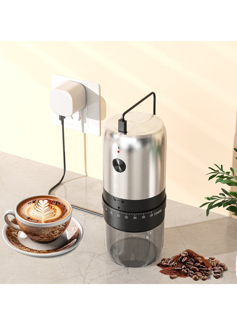 Portable Coffee Grinder, Rechargeable Electric Burr Grinder with External Adjustable Grind Settings (Stainless Steel)