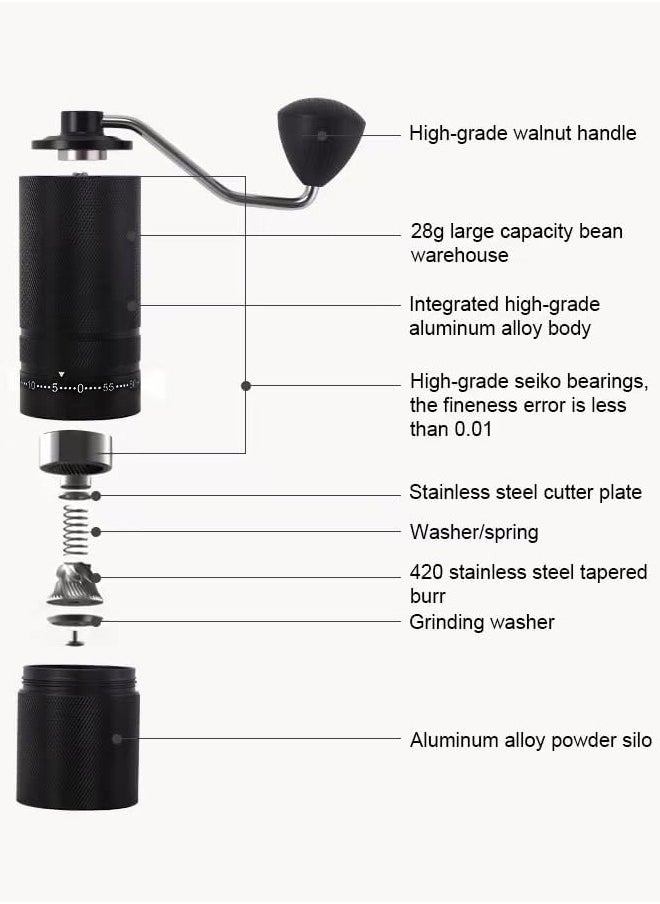 Seven Star Manual Coffee Grinder with Carry Bag and Cleaning Brush, CNC Stainless Steel 28g Capacity Conical Burr for Precision Grinding with Adjustable Settings, Assorted Colors