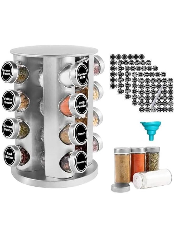 Rotating Spice Rack with 16 Jars, Revolving Spice Rack Organizer for Cabinet, Seasoning Organizer Stainless Steel Kitchen Spice Tower with Labels for Countertop (16 Jars)