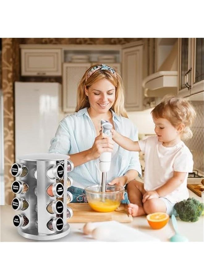 Rotating Spice Rack with 16 Jars, Revolving Spice Rack Organizer for Cabinet, Seasoning Organizer Stainless Steel Kitchen Spice Tower with Labels for Countertop (16 Jars)