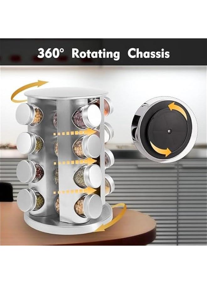 Rotating Spice Rack with 16 Jars, Revolving Spice Rack Organizer for Cabinet, Seasoning Organizer Stainless Steel Kitchen Spice Tower with Labels for Countertop (16 Jars)
