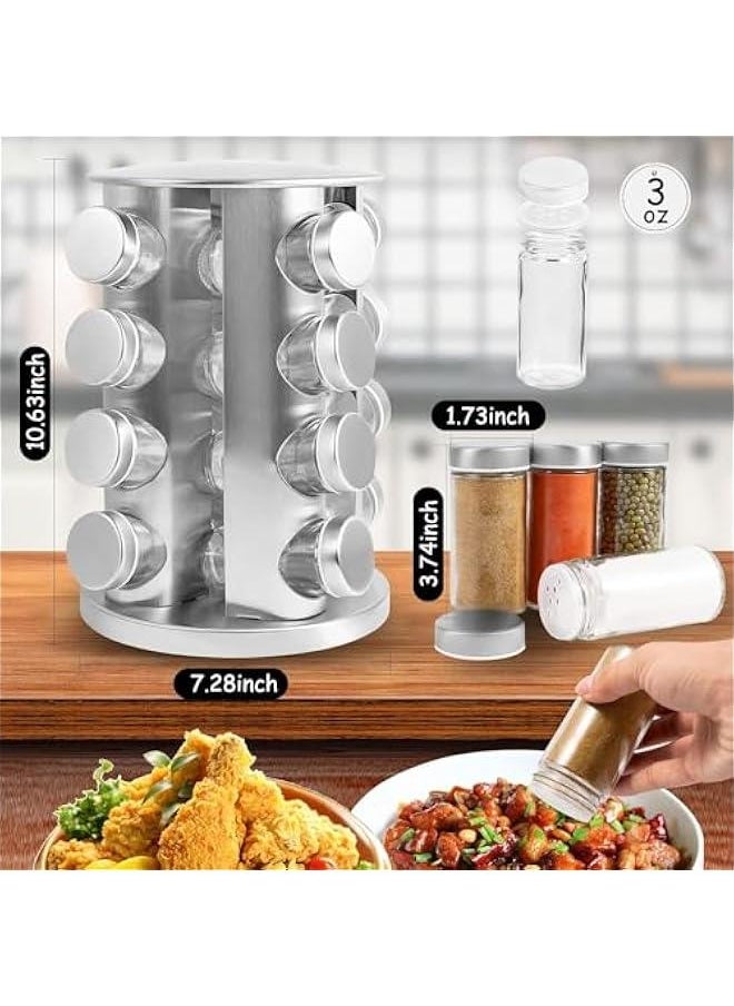 Rotating Spice Rack with 16 Jars, Revolving Spice Rack Organizer for Cabinet, Seasoning Organizer Stainless Steel Kitchen Spice Tower with Labels for Countertop (16 Jars)