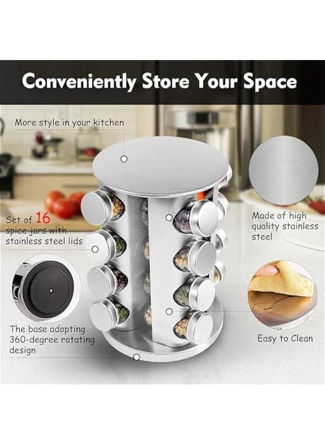 Rotating Spice Rack with 16 Jars, Revolving Spice Rack Organizer for Cabinet, Seasoning Organizer Stainless Steel Kitchen Spice Tower with Labels for Countertop (16 Jars)