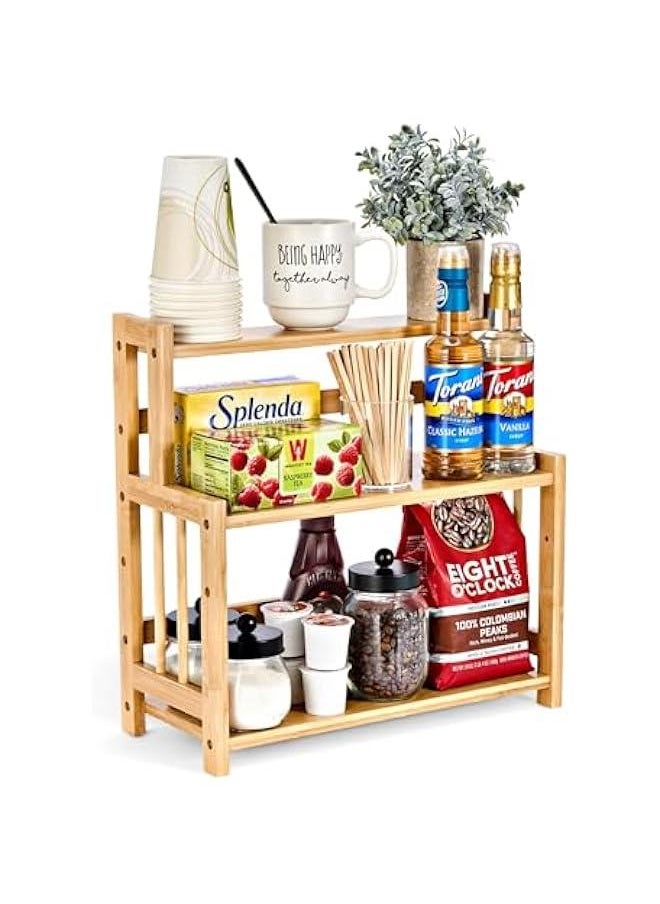 Kitchen Countertop Organizer, Bamboo Wooden Counter Storage Shelf Rack for Spice, Soap, Skin Care, Makeup Display Stand, Bathroom Shelves, Vanity, Office (3-Tier)