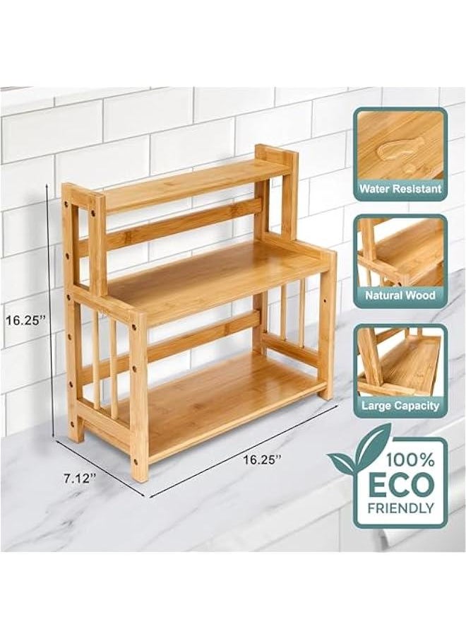 Kitchen Countertop Organizer, Bamboo Wooden Counter Storage Shelf Rack for Spice, Soap, Skin Care, Makeup Display Stand, Bathroom Shelves, Vanity, Office (3-Tier)