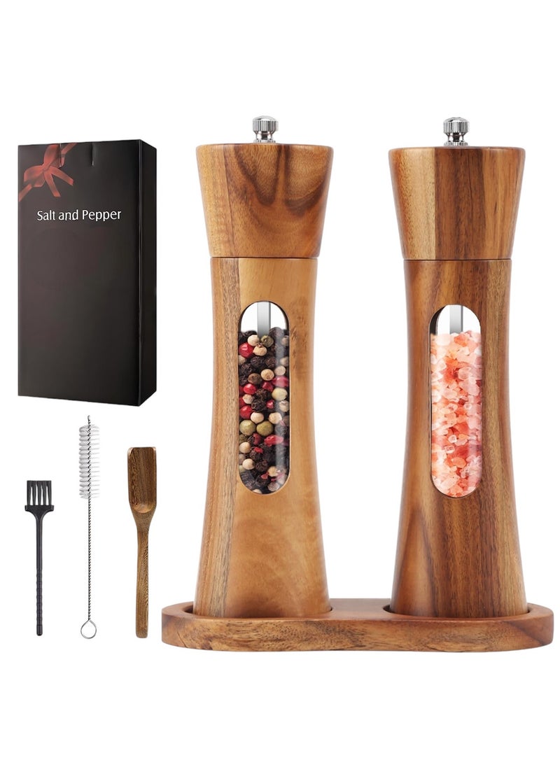 Wooden Salt and Pepper Grinder Set  5-Piece Manual Mill with Acacia Wood, Tray, and Accessories