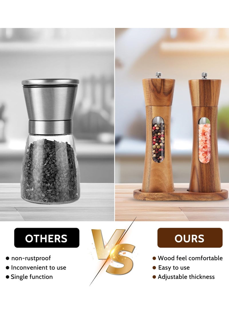 Wooden Salt and Pepper Grinder Set  5-Piece Manual Mill with Acacia Wood, Tray, and Accessories
