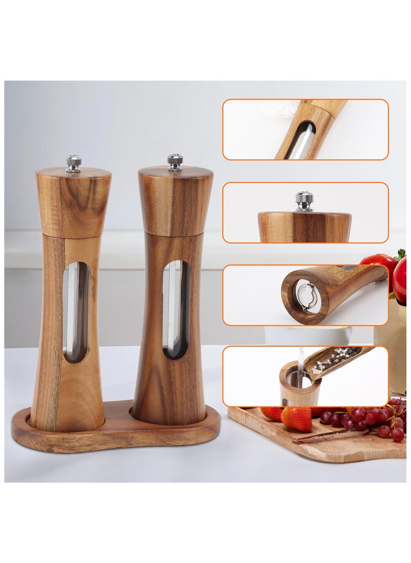 Wooden Salt and Pepper Grinder Set  5-Piece Manual Mill with Acacia Wood, Tray, and Accessories